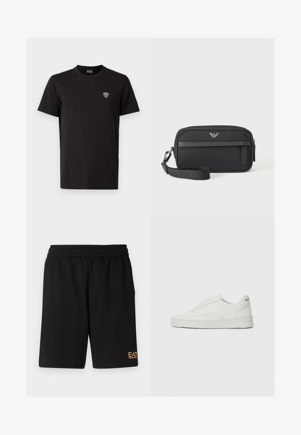 T-shirt noir à manches courtes en tissu lisse, avec un logo brodé discret sur la poitrine gauche et un col rond classique.; Shorts de sport noirs en tissu doux, avec une taille élastique et un petit logo jaune EA7 sur le bas de la jambe gauche.; Baskets en cuir blanc avec une finition lisse, bout arrondi, lacets plats et semelle texturée. Présente un logo discret sur le talon.; Petit sac bracelet rectangulaire noir avec poche avant zippée, emblème logo argenté et bandoulière amovible avec texte de marque.