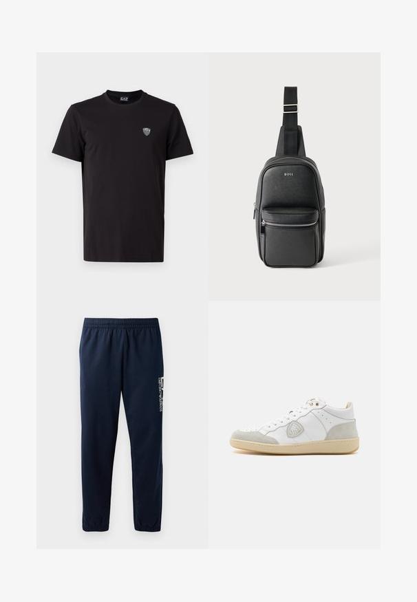 Camiseta negra de manga corta hecha de una tela suave, con un sutil logo bordado en el lado izquierdo del pecho y un clásico cuello redondo.; Pantalones de chándal azul marino con cintura elástica, piernas ajustadas y un logo blanco en el lateral. Tejido suave con una textura ligera.; Zapatilla blanca de cuero con acentos de ante gris, punta redonda, detalles perforados, cierre de cordones y suela de goma. Logo en el lateral.; Bolso bandolera de cuero negro con correa ajustable, bolsillo frontal con cremallera y logotipo "BOSS" sobre superficie lisa y texturizada.
