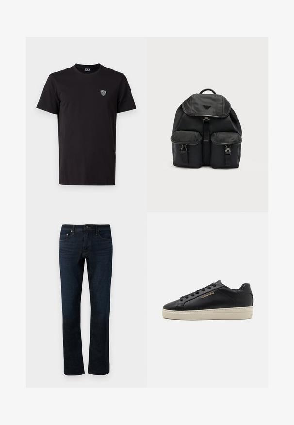 Camiseta negra de manga corta hecha de una tela suave, con un sutil logo bordado en el lado izquierdo del pecho y un clásico cuello redondo.; Jeans de mezclilla azul oscuro con corte recto, que presentan un diseño clásico de cinco bolsillos y detalles de costura sutiles.; Zapatilla de cuero negra con un acabado suave, suela crema en contraste, puntera redonda, logo dorado en el lateral y seis ojales para los cordones.; Mochila de tela negra con solapa superior, dos bolsillos delanteros con hebilla y un emblema con logo en la solapa, sobre un fondo claro liso.