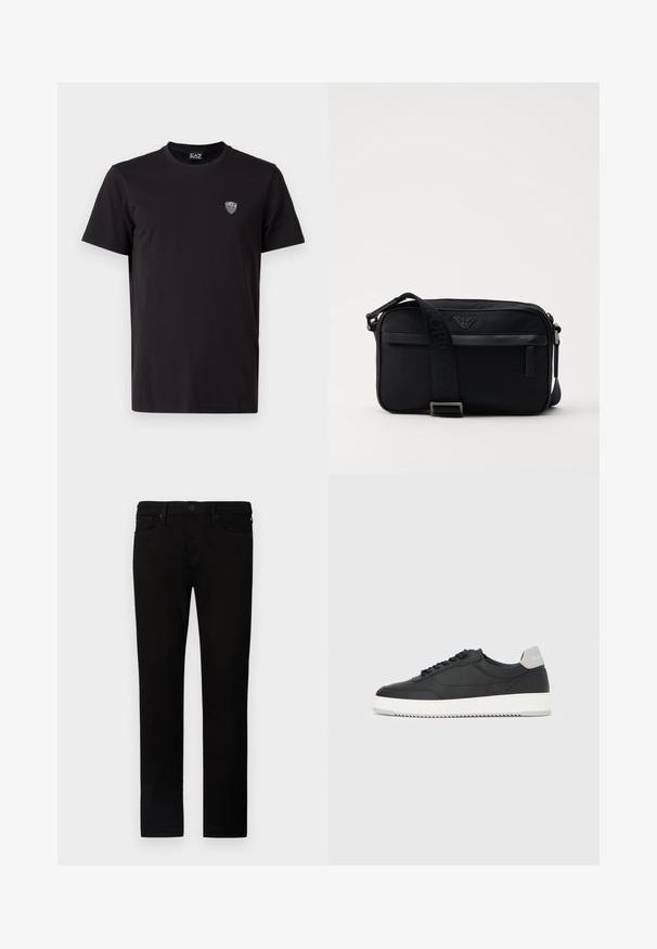 Sort kortærmet t-shirt lavet af glat stof, med et diskret broderet logo på venstre bryst og en klassisk rund halsudskæring.; Sorte denim jeans med lige pasform, der har knaplukning, fem lommer og diskrete syninger. Blød tekstur og glat finish.; Sort lavtop-sneakers med hvid sål og grå hælkappe, set fra siden på en helt hvid baggrund.; Sorte nylon skuldertaske med en kontrasterende rem, slank rektangulær form, logo detaljer og en lynlåslomme på forsiden.