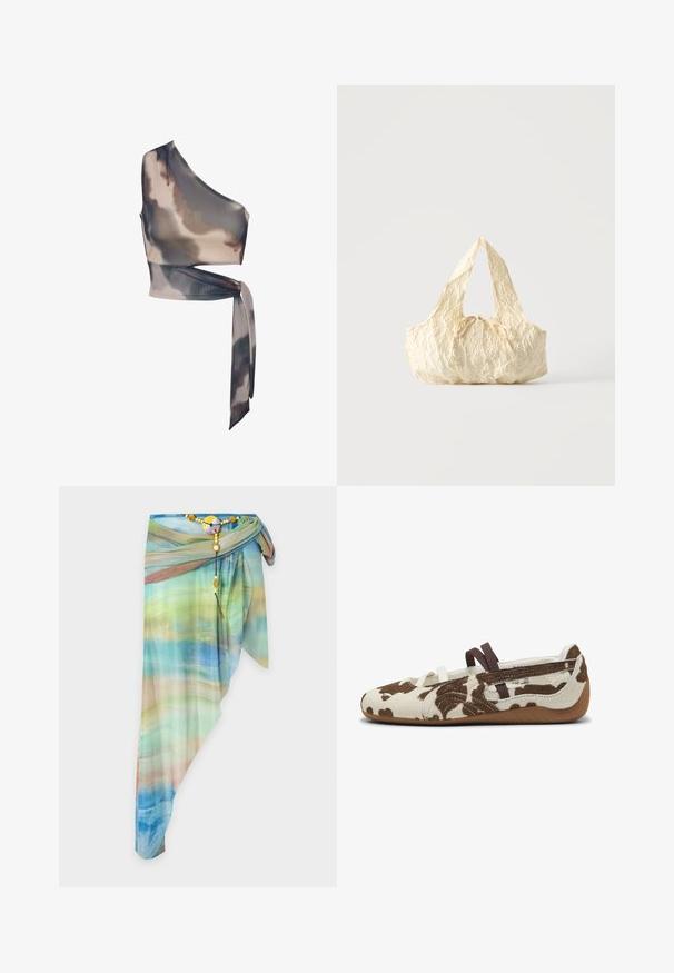 Haut court asymétrique à une épaule avec motif tie-dye gris et beige et une longue ceinture nouée à la taille sur fond blanc.; Jupe portefeuille asymétrique en voile avec un motif dégradé bleu, vert et beige, fixée avec une ceinture décorative perlée et une boucle ronde.; Chaussures plates à motif vache, avec un dessus texturé marron et crème, des sangles élastiques et une semelle en caoutchouc au design flexible.; Sac à main en tissu texturé couleur crème avec des anses sur le dessus et un petit nœud noué au centre devant.
