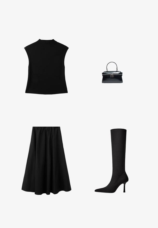Haut en maille noir sans manches avec un col rond haut et un ourlet légèrement évasé.; Jupe midi noire avec taille élastique et légère évasement, en tissu lisse adaptée pour un usage décontracté ou formel.; Botte noire montante en tissu lisse avec un bout pointu et un talon aiguille fin. Présente des coutures minimales et un design épuré.; Sac à main en cuir noir avec une poignée supérieure, une texture crocodile et une fermeture double à glissière au centre.