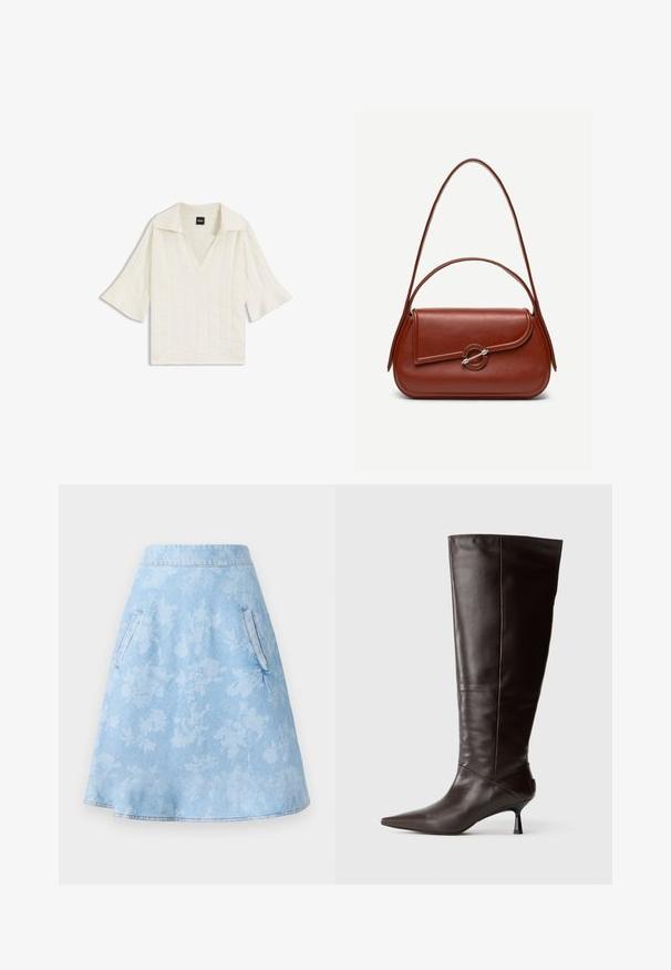 Off-white gebreide top met een getextureerd vierkant patroon, brede kraag, diepe V-hals en mouwen die uitlopen tot op de elleboog.; Lichtblauwe A-lijn rok van denim met een subtiel bloemenpatroon, voorzien van twee zijzakken en een gladde, omgezoomde afwerking.; Bruine leren kniehoge laarzen met een puntigere neus en een slanke hak. Glad textuur en een strak ontwerp, met een minimalistische silhoutte.; Bruine leren schoudertas met afgeronde rechthoekige vorm, asymmetrische klep, zilveren ronde sluiting en twee dunne bandjes.