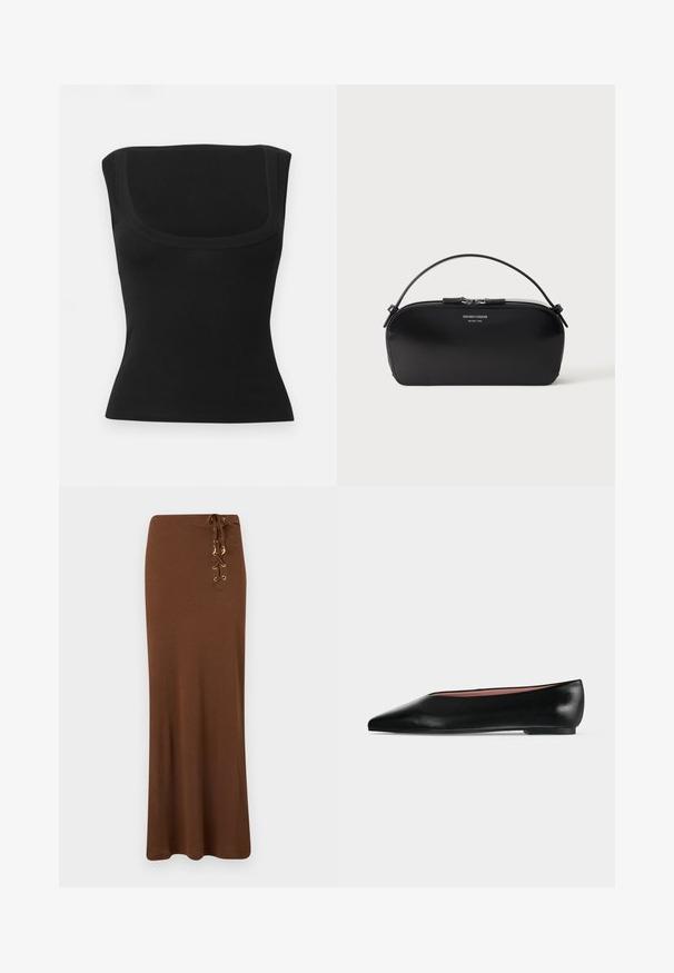 Haut noir ajusté sans manches avec un large décolleté carré et un tissu lisse, présenté sur un fond clair uni.; Jupe longue marron avec une taille haute et un détail lacé avec œillets dorés et breloques sur le côté droit.; Chaussure plate en cuir noir pour femme, avec bout pointu et petit talon, vue de côté sur un fond gris clair uni.; Petit sac bracelet en cuir noir avec fermeture éclair argentée et poignée courte, logo Emporio Armani Milano 1981 embossé sur le devant.