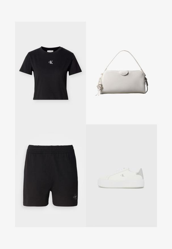 Zwart katoenen T-shirt met korte mouwen, een ronde hals en een wit "cK"-logo op de borst. Het ontwerp is simpel en heeft een cropped fit.; Zwarte katoenen shorts met een elastische tailleband en het Calvin Klein-logo in zilver in de rechteronderhoek. Gladde textuur.; Witte canvas sneakers met een dikke witte zool, voorzien van een metallic zilveren accent op de hiel en een subtiel logo detail aan de zijkant.; Witte rechthoekige Calvin Klein handtas met enkele handgreep, minimalistisch ontwerp en decoratieve kwastjes met geometrische metalen hanger aan de zijkant.