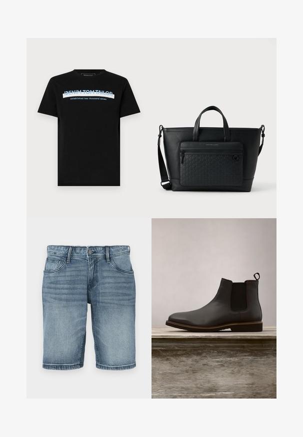Schwarzes Baumwoll-T-Shirt mit rundem Halsausschnitt, versehen mit blauen und weißen Text: "DENIM TOM TAILOR gegründet zweitausendsieben."; Denim-Shorts in heller blauer Waschung, mit einem klassischen Fünf-Taschen-Design, gestickten Details und einem geraden Bein mit einem gesäumten Abschluss.; Schwarze Leder Chelsea-Stiefel mit elastischen Seiteneinsätzen und runder Zehenform, ausgestattet mit einer strukturierten Sohle und subtilen Steppnähten, erhöht über einer Holzoberfläche.; Schwarze Ledertasche mit zwei oberen Griffen, verstellbarem Schulterriemen und einer strukturierten Vordertasche mit einem dezenten gewebten Muster.