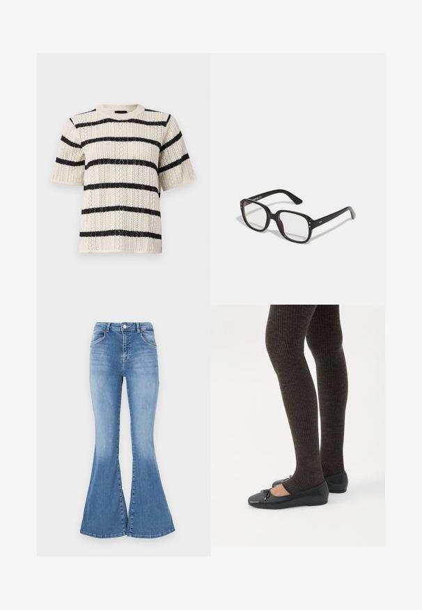 Suéter de punto de manga corta con base crema y rayas horizontales negras, patrón texturizado y escote redondo.; Jeans de mezclilla azules acampanados con cintura alta, diseño de cinco bolsillos y un leve desgaste. Presentan un cierre de botón y trabillas para cinturón.; Piernas con leggings oscuros acanalados combinados con bailarinas negras que presentan pequeños detalles de lazo sobre un fondo blanco.; Gafas rectangulares negras con lentes transparentes, con bordes redondeados y acentos laterales, con un acabado brillante en el marco y las patillas.