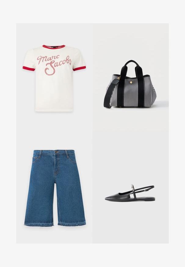Valge T-särk punase krae ja varrukaservadega, mille rinnal on suur punane kiri "Marc Jacobs".; Sinised teksaseelikud, mille säär ulatub põlvedeni ja mille servades on karvasedääred, esipainutusega ja taskutega, valgel taustal.; Must nahast slingback-taldadega madalad kingad, terava varbaosaga, lõigatud detaili ja reguleeritava rihmaga, millel on dekoratiivne lillemotiiv.; Mustvalge vertikaalsete triipudega käekott kahe musta sangaga ja eemaldatava õlarihmaga ühtlasel taustal.