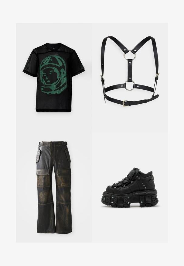 Zwarte mesh t-shirt met korte mouwen, met een groene graphic van het gezicht van een astronaut op de voorkant. Lichtgewicht met een v-hals ontwerp.; Zwarte leren cargobroeken met een versleten textuur, voorzien van grote zijzakken, een hoge taille en contrasterende stiksels over de naden.; Zwarte leren high-top sneaker met een dikke rubberen zool, vetersluiting, gevoerde schacht en metalen accenten. Beschikt over een profielzool voor grip.; Zwart leren harnas met verstelbare riemen, voorzien van zilveren metalen ringen en studs. Het ontwerp omvat een centrale ring en een gespsluiting.