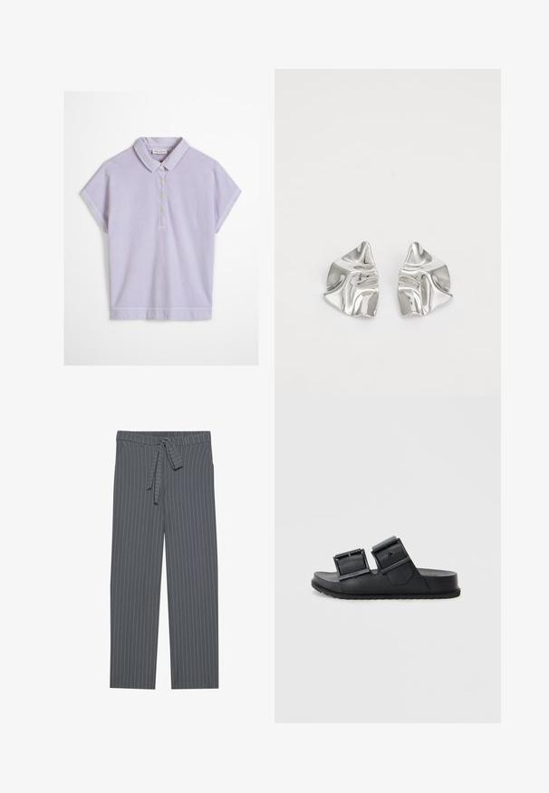 Camisa polo de manga corta color púrpura claro con cuello y cuatro botones blancos en la parte delantera, mostrada sobre un fondo blanco.; Pantalones gris a rayas con una cinturilla elástica, detalle de lazo y corte suelto. Fabricados con una tela suave, presentan rayas verticales.; Sandalias de slide negras hechas de un material texturizado con dos correas ajustables que cuentan con hebillas. Suela plana con un diseño de dibujo para mayor agarre.; Pendientes de metal plateado con un diseño ondulado y escultórico, que presentan un acabado pulido y formas irregulares, destacando una estética contemporánea.