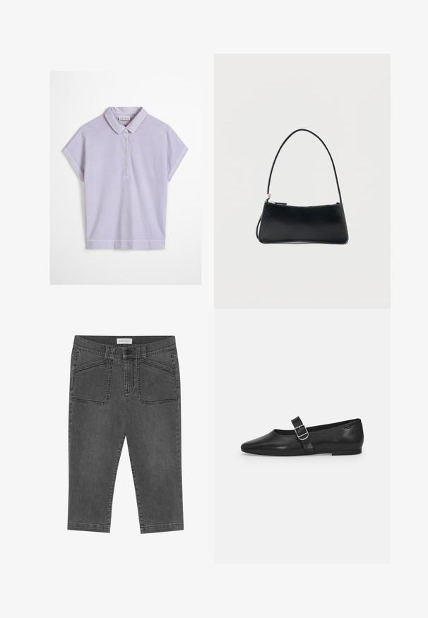 Lyse lilla kortærmet polo med krave og fire hvide knapper foran, vist på hvid baggrund.; Grå denim capri-bukser med en tætsiddende design, der har frontlommer, knaplukning og en let slidt tekstur.; Sorte læder flade sko med rund tå, et enkelt justerbart spænde og en glat, blank overflade. Minimalistisk design med en lav hæl.; Sort rektangulær håndtaske med tynd skulderrem og lynlåslukning, sat mod en enkel hvid baggrund.