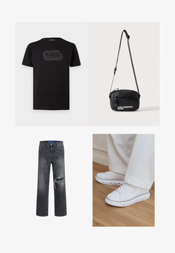 Sort T-shirt med korte ærmer og rund hals med "KARL LAGERFELD"-logo trykt i mørke bogstaver centreret på brystet.; Sorte denim jeans med en afslappet pasform, der har slidte detaljer og brede ben. Teksturen er glat med diskret falming.; Hvide lave sneakers med unikke udskårne såler båret med lystfarvede bukser på et trægulv.; Sort crossbody taske med justerbar rem og hvidt Karl Lagerfeld Jeans logo på frontlommen mod en lys baggrund.