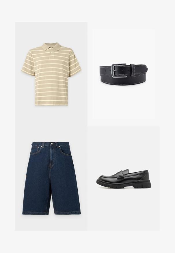 Beiges Polohemd mit kurzen Ärmeln, weißen horizontalen Streifen und zwei Knöpfen auf der vorderen Knopfleiste.; Dunkelblaue Denim-Shorts mit lockerer Passform, ausgestattet mit zwei vorderen Taschen und einer einzelnen Gesäßtasche, abgerundet mit orangefarbenen Nähakzenten.; Schwarze Lederloafer mit einem breiten Riemen über dem Rist, Gummisohle mit dicken Profilen und glatter Textur. Klassisches, schlankes Design.; Schwarzer Ledergürtel mit einer silberfarbenen Metallschnalle, kontrastierender weißer Naht und glatter Oberfläche. Verfügt über mehrere Einstelllöcher.