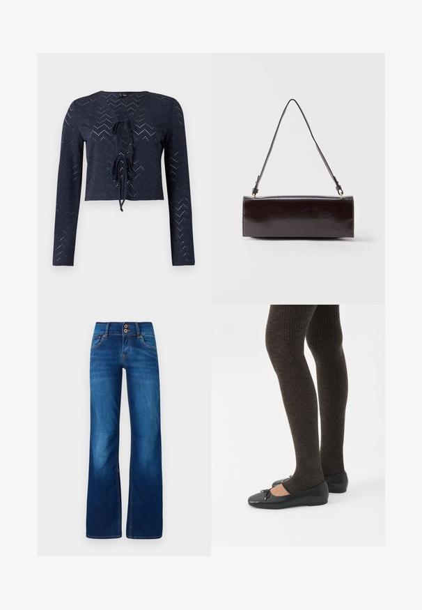 Blusa azul marino de manga larga con patrón de ojales en forma de chevron, escote en V y dos lazos atados en el centro delantero.; Jeans de pernera ancha en denim azul, con dos botones frontales, costuras naranjas y una textura suave. Diseño clásico de cinco bolsillos.; Piernas con leggings oscuros acanalados combinados con bailarinas negras que presentan pequeños detalles de lazo sobre un fondo blanco.; Bolso rectangular de cuero negro con una sola correa larga y acabado brillante, exhibido sobre un fondo blanco liso.
