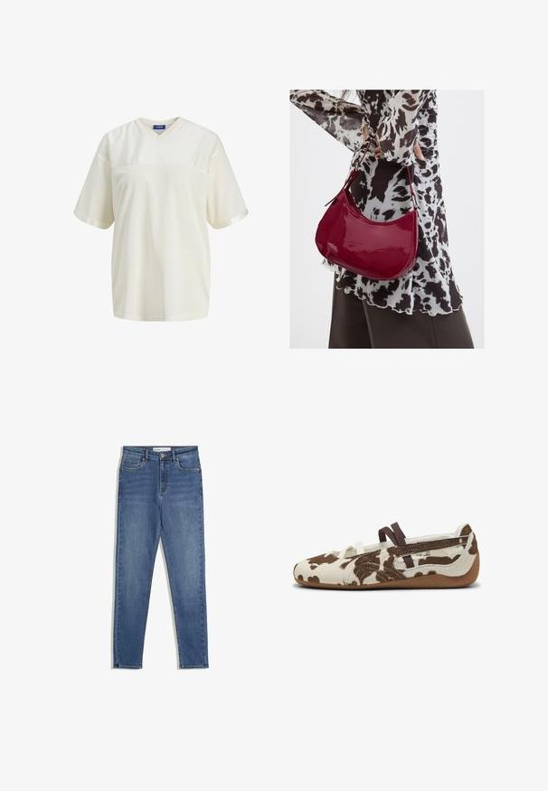 Off-white kurzärmeliges V-Ausschnitt-Sportshirt mit perforiertem Mesh-Material und glattem oberen Brustpanel.; Blaue Denim-Jeans mit hoher Taille, slim Fit, Fronttaschen, Reißverschluss und kontrastierenden Nähten. Strukturierte Gestaltung mit glatter Textur.; Flache Schuhe im Kuhfellmuster mit einem strukturierten Obermaterial in Braun und Creme, elastischen Riemen und einer Gummisohle mit flexibler Bauweise.; Frau trägt eine schwarz-weiß gemusterte Bluse und hält eine glänzende rote Schultertasche vor einem einfarbigen Hintergrund.