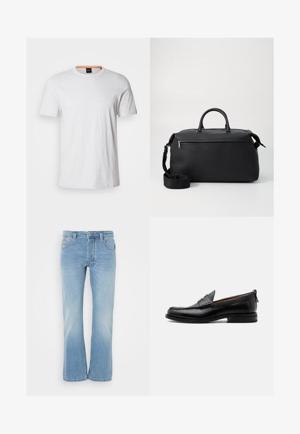 Weißes T-Shirt mit kurzen Ärmeln aus weicher Baumwolle, mit einem runden Ausschnitt und dezenter Logodetail in passendem Weiß auf der Vorderseite.; Hellblaue Denim-Jeans im Weitbein-Design mit Taschen, Knopfverschluss und subtilen Ausbleichungen für einen getragenen Effekt.; Schwarzer Leder-Herrenschuh mit Mokassinnaht, Penny-Riemen, strukturiertem Kragen und niedrigem gestapeltem Absatz auf weißem Hintergrund.; Schwarze Leder-Reisetasche mit zwei Oberhandgriffen, einem abnehmbaren Schultergurt und einer Reißverschlusstasche auf der Vorderseite für zusätzlichen Stauraum.