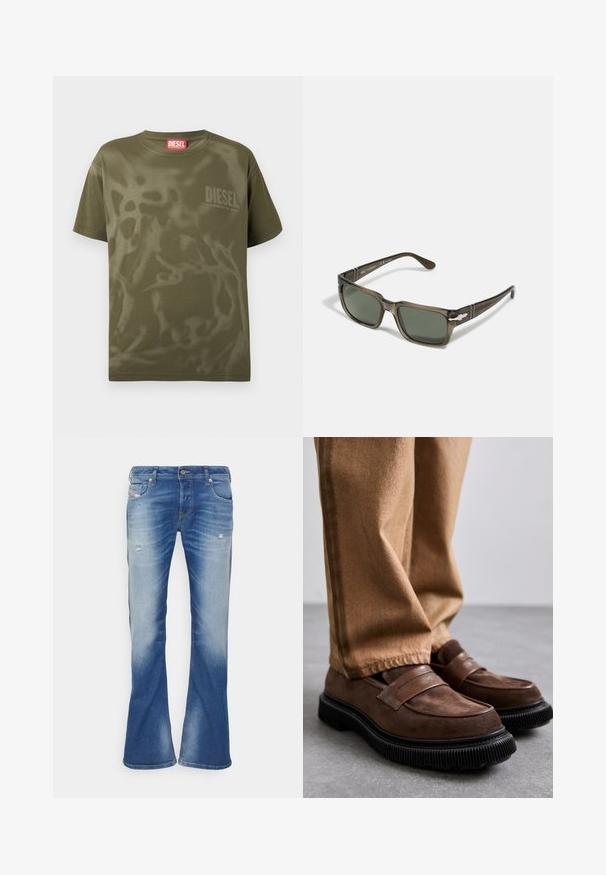 Olivgrünes Baumwoll-T-Shirt mit lockerem Schnitt, versehen mit einem dezenten abstrakten Muster und einem kleinen "DIESEL"-Logo auf der Brust.; Blaue, ausgebleichte Bootcut-Jeans mit leichter Abnutzung an den Vorderseiten der Oberschenkel und klassischem Fünf-Taschen-Design auf weißem Hintergrund.; Braune Wildleder-Loafer mit einer dicken schwarzen Gummisohle und dekorativem Riemen. Getragen mit beigen Hosen.; Braune rechteckige Sonnenbrille mit dunkelgrünen Gläsern. Verfügt über gemusterte schwarze Bügel und metallische Akzente an den Seiten. Leichter Kunststoffrahmen.