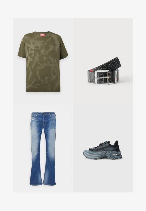 Camiseta de algodón color verde oliva con un corte relajado, que presenta un sutil patrón abstracto y un pequeño logo "DIESEL" en el pecho.; Vaqueros bootcut desgastados en azul con ligero desgarro en los muslos delanteros y diseño clásico de cinco bolsillos sobre fondo blanco.; Zapatilla Diesel en negro y gris con suela gruesa, cierre de cordón y diseño texturizado sobre un fondo liso de color gris claro.; Cinturón negro Diesel con gran texto de logo en blanco, hebilla rectangular plateada y detalle de la anilla metálica con marca, enrollado sobre un fondo claro.
