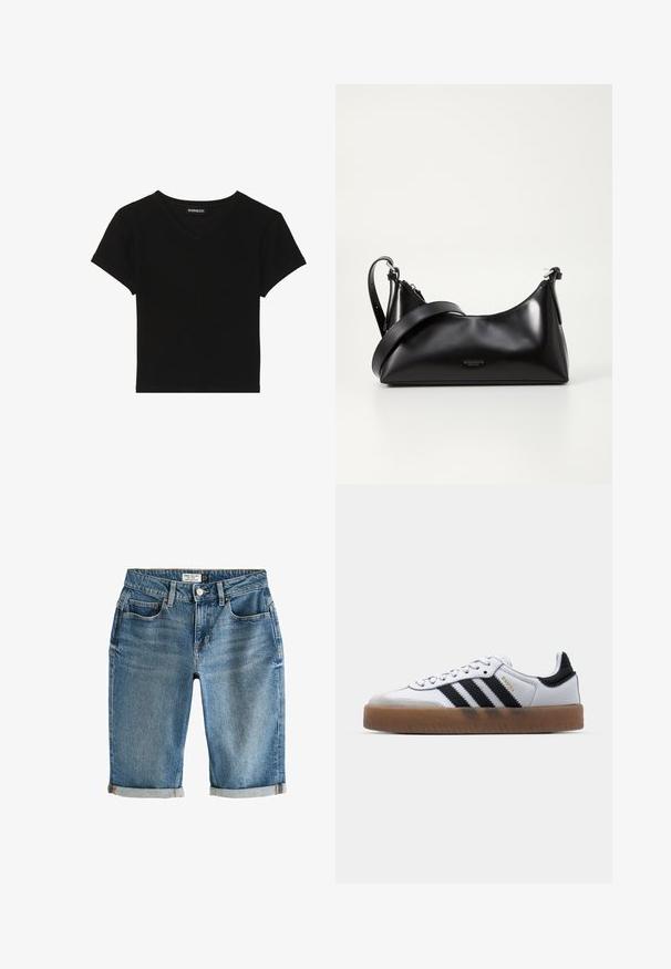 Zwarte T-shirt met korte mouwen en V-hals, gemaakt van ribgebreide stof, met een aangesloten ontwerp en een strakke, eenvoudige lijn voor veelzijdig gebruik.; Blauwe denim knielange shorts met een omgeslagen zoom, vijf zakken en een metalen knoopsluiting. Stof heeft een licht vervaagde uitstraling.; Witte leren sneakers met zwarte strepen, gumrubberen buitenzool, ronde neus, vetersluiting en een zachte grijze suède neuskap.; Zwarte leren handtas met een gladde textuur. Beschikt over een verstelbare schouderband en een strak, minimalistisch ontwerp met een ritssluiting.