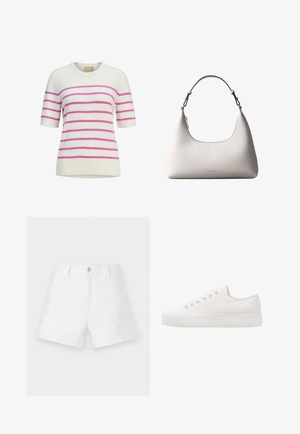 Crèmekleurige korte mouw gebreide top met horizontale roze strepen en geribbelde afwerking aan mouwen en zoom.; Witte denim shorts met een klassieke snit, voorzien van een knoopsluiting aan de voorkant, riemlussen en een glad, textuur oppervlak.; Witte canvas sneaker met ronde neus, zes oogjes voor veters, structuur rubberen zool en subtiele stikdetails langs de zijkanten.; Romige Calvin Klein leren schoudertas met gebogen bovenrand, zilveren rits en donkerbruine verstelbare riem.