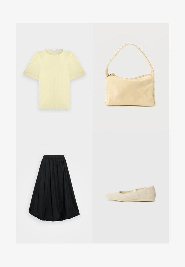 Lysegul bluse med korte ærmer, diskret hulmønster, puffede skuldre, rund halsudskæring og lige kant.; Sort, ankel-langt nederdel lavet af letvægtsstof med elastisk talje og samlet design, der har en glat tekstur og voluminøs form.; Lysebrune ballet flats med en glat læderoverflade, mandelformet tå og elastisk rem over vristen, med diskrete syninger.; Lille beige læderhåndtaske med en enkelt rem og sølvnitter langs kanterne og remmen, sat mod en ensfarvet baggrund.