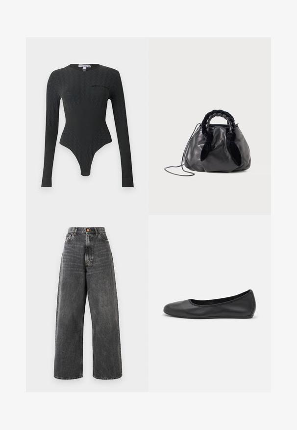 Sort langærmet tætsiddende bodysuit med tekstureret mønster, rund halsudskæring og lille "SINÉAD O'DWYER" logo på brystet.; Højtaljede, brede jeans i falmet sort denim med frontlommer, bæltesløjfer og kobberknaplukning.; Sort læderballetsko med rund tå, glat tekstur, minimal syning og et fleksibelt såldesign.; Sort læder håndtaske med fletning i velour håndtag og tynd skulderrem, sat mod en enkel lys baggrund.