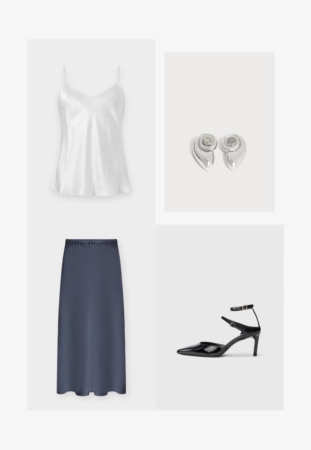 Haut camisole en satin blanc avec fines bretelles spaghetti et décolleté en V, présenté à plat sur un fond neutre.; Jupe bleu marine mi-longue avec taille élastique et tissu lisse, présentée à plat sur un fond clair.; Talons en cuir verni noir avec un bout pointu, des sangles de cheville ajustables et un talon fin. Texture lisse avec une finition brillante.; Paire de boucles d’oreilles métalliques argentées brillantes avec un design en spirale et une pierre circulaire au centre sur un fond blanc uni.