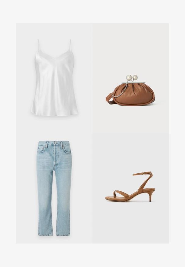 Hvid satin camisole top med tynde spaghetti-stropper og en V-formet udskæring, vist fladt på en neutral baggrund.; Lysblå denimjeans med lige ben-design, der har fem lommer, knaplukning og en falmet tekstur. Kanterne er pænt syet.; Brun læder sandal med stropper, lav kittenhæl og en ankelrem med en lille spænde, vist fra siden på en ensfarvet baggrund.; Brun læder clutch-pung med sølv kugleklap og en lille sølv kædedetalje på en hvid baggrund.