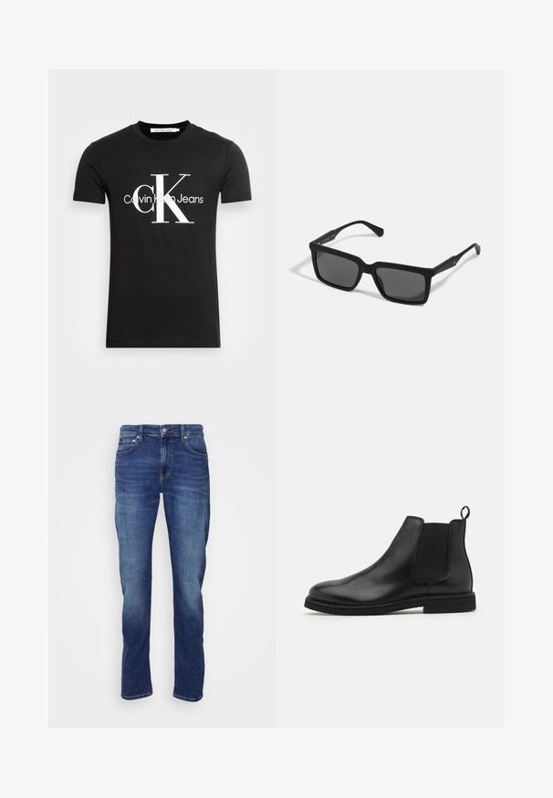 Čierne tričko s krátkym rukávom s bielym logom Calvin Klein Jeans a veľkými "cK" písmenami umiestnenými v strede vpredu.; Pánske modré džínsy s piatimi vreckami, zapínanie na gombík a mierne vyblednuté predné stehná a kolená.; Čierne kožené Chelsea topánky s elastickými bočnými panelmi a ťahacou pútkom. Oválny špička a plochá gumová podrážka s hladkým povrchom.; Čierne slnečné okuliare s obdĺžnikovými šošovkami, matným povrchom, hrubými rámami a štíhlymi stranicami s jemným brandingom.