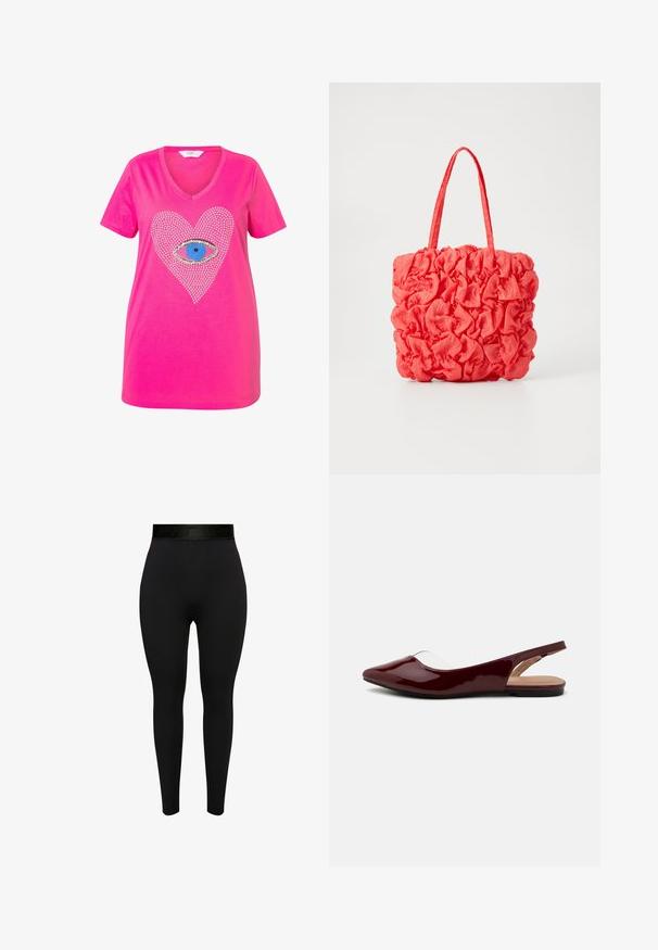 Vaaleanpunainen puuvillainen T-paita, jossa on V-pääntie. Paidassa on rhinestone- sydänkuvio ja silmä-motiivi sinisen ja mustan värisillä yksityiskohdilla keskellä.; Musta leggingsit, jotka on valmistettu venyvästä materiaalista ja joissa on korkea, joustava vyötärö, jossa on huomaamaton brändäys. Sileä pinta, vartalonmyötäinen muotoilu.; Burgundy patentitokot slingback-kengät, joissa on terävä kärki, läpinäkyvä aukko ja musta litteä pohja. Sileä pinta, minimalistinen muotoilu.; Korallioloinen kantokassi, jossa on teksturoitu, kerrostettu muotoilu. Valmistettu pehmeästä kankaasta, varustettu kahdella tukevalla kahvalla ja tilavalla sisäosalla.