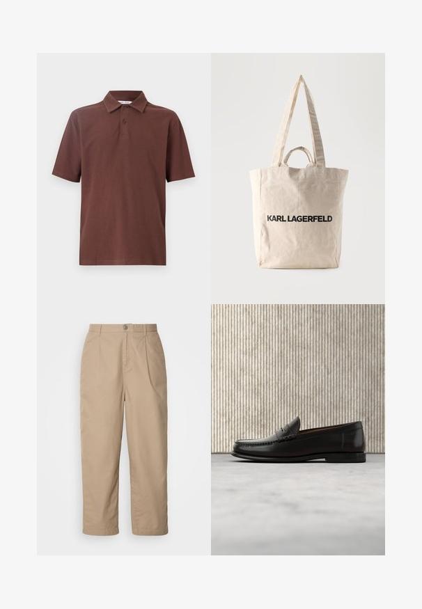 Braunes Polohemd aus atmungsaktivem Stoff, mit einem klassischen Kragen und einer Drei-Knopf-Leiste, versehen mit einem dezenten Logo auf der Brust.; Beige, leichte Baumwollhosen mit gefaltetem Vorderteil, Knopfverschluss und geradem Bein, die eine glatte Textur und keine sichtbaren Muster aufweisen.; Schwarzer Pennyloafer aus Leder mit niedrigem Absatz, abgerundeter Spitze und genähten Details vorne und an den Seiten, gezeigt vor neutralem Hintergrund.; Beige Leinwand-Shopper mit langen und kurzen Griffen, auf der Vorderseite mit dem Aufdruck "KARL LAGERFELD" in fetten schwarzen Buchstaben.