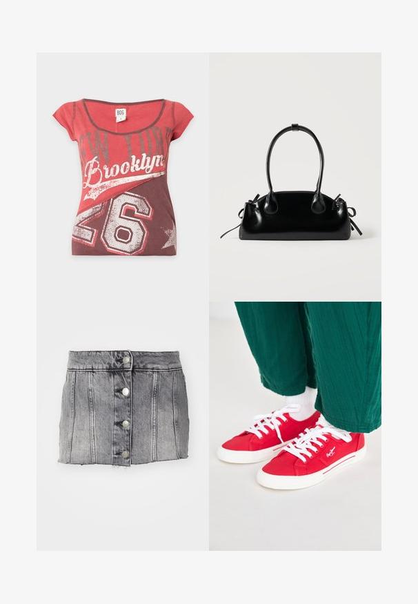 Rød og mørkerød t-shirt med korte ærmer med teksten "New York Brooklyn" og nummer 26 trykt foran, størrelse lille.; Grå denimskørt med høj talje, fem sølvknapper, lodrette syninger og rå kant. Har en tætsiddende silhuet og en blød tekstur.; Røde lærredssneakers med hvide snørebånd, der har en hvid gummisål og stribede detaljer på siden. Båret med grønne strukturerede bukser og hvide sokker.; Lille sort blank håndtaske med to lange håndtag og snøre-detaljer i siden på en ensfarvet lys baggrund.