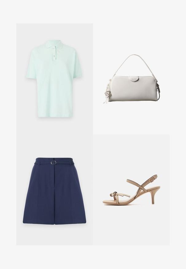 Vaalean mintinvihreä puuvillapaita, jossa on classic-kaulus, lyhyet hihat ja kaksinappinen napitus. Huomaamaton logoesitys.; Navy siniset, vyöllä varustetut shortsit, joissa on vyölenkit, laskostyksia ja sileä kankaan rakenne. Perus suora leikkaus.; Beigen värinen remmisandaali matalalla kitten-korolla, säädettävällä nilkkasoljella ja koristeellisella solmulla varvasremmissä.; Valkoinen suorakaiteen muotoinen Calvin Kleinin käsilaukku, jossa on yksittäinen kahva, minimalistinen muotoilu ja koristeelliset tupsut, joissa on geometrinen metalliriipus sivulla.