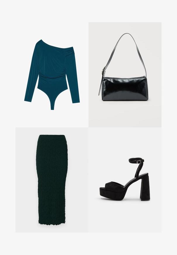 Bodysuit à manches longues teal avec un design asymétrique, texture froncée d'un côté et finition lisse. Présente une coupe thong en bas.; Jupe sombre verte, texturée, longueur genou avec une silhouette ajustée et un ourlet ondulé. Le matériau semble froissé avec une finition lisse.; Sandales à plateforme noires avec texture en daim, large courroie à l'avant, courroie pour la cheville avec boucle et talon épais. Design élégant et moderne.; Sac d'épaule rectangulaire noir avec une sangle réglable unique et une fermeture éclair supérieure sur un fond uni.