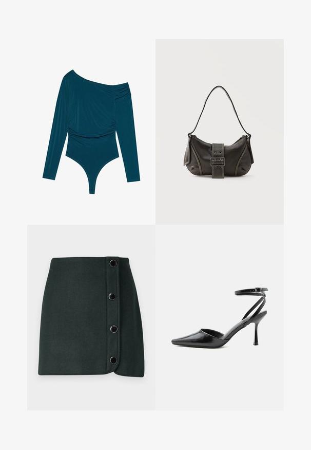 Bodysuit à manches longues teal avec un design asymétrique, texture froncée d'un côté et finition lisse. Présente une coupe thong en bas.; Jupe enveloppante en laine mélangée vert foncé avec une fermeture à boutons sur le côté, comportant cinq boutons métalliques et une texture lisse.; Escarpin noir à bout pointu avec fines brides de cheville et fermeture à boucle argentée sur fond clair uni.; Sac à épaule en cuir noir avec une sangle à boucle, des bords arrondis et des coutures blanches contrastées sur un fond uni.