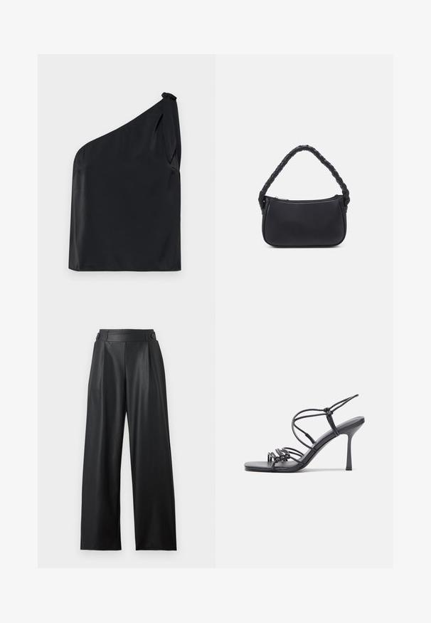 Top negro de un solo hombro hecho de una tela suave, con un detalle de lazo en el hombro y un corte relajado. Diseño minimalista con líneas limpias.; Pantalones anchos de cuero sintético negro con cintura alta, detalles de botones en la cintura y pliegues delanteros.; Las sandalias negras de tacón alto presentan finas correas con un diseño anudado, una punta cuadrada suave y un elegante tacón de aguja.; Bolso negro de forma redondeada, hecho de material liso. Presenta un asa trenzada y un cierre de cremallera para un almacenamiento seguro.