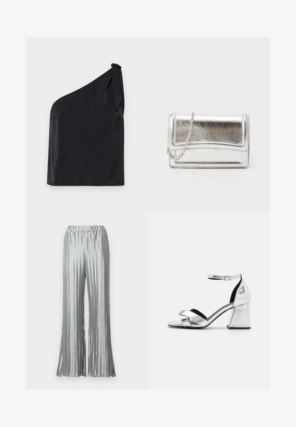 Μαύρη τοπ στον έναν ώμο, κατασκευασμένη από λείο υλικό, με λεπτομέρεια δέσιμου στον ώμο και χαλαρή εφαρμογή. Μινιμαλιστικός σχεδιασμός με καθαρές γραμμές.; Ασημί πλισέ παντελόνι φαρδιάς γραμμής με ελαστική μέση, που διαθέτει μεταλλική γυαλάδα και ρέουσα σιλουέτα. Υφή σε όλη την επιφάνεια.; Ασημένια μεταλλικά ψηλοτάκουνα σανδάλια με σχέδιο σταυροειδούς λουριού, λουρί στον αστράγαλο και τετράγωνη φτέρνα. Λείο επιφάνειο με μαύρη εσωτερική επένδυση.; Ασημένια μεταλλική τσάντα clutch με απλή υφή, κλείσιμο με καπάκι και αλυσίδα. Διαθέτει δομημένο ορθογώνιο σχέδιο και ραφές.