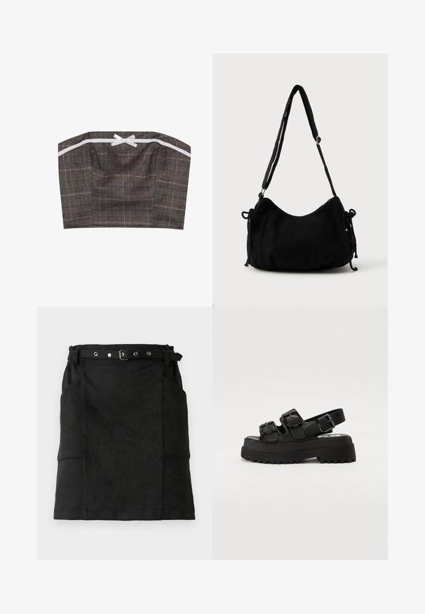 Bandeau-top in zwart en beige geruite stof met een witte lintaccent. Gestructureerd ontwerp met een rechte halslijn en een geplooide textuur.; Zwarte leren rok met een fitted vorm, voorzien van riemlussen, een gesp en twee zijzakken. Soepele textuur, knielange ontwerp.; Zwarte plateau-sandalen met drie verstelbare gespbanden, een gestructureerde zool en een gladde bovenkant. Ontworpen met een stevige, chunky silhouet.; Zwarte corduroy schoudertas met een gebogen vorm, een verstelbare schouderband en trekkoordsluitingen aan beide zijkanten voor maataanpassing.