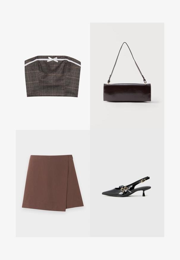 Haut bandeau en tissu à carreaux noir et beige avec un accent en ruban blanc. Design structuré avec un décolleté droit et une texture froncée.; Jupe trapèze marron avec un léger détail de superposition à l'avant, en tissu lisse, présentée sur un fond uni clair.; Talons slingback en cuir verni noir avec un bout pointu, deux brides comprenant des boucles dorées, et un petit talon kitten. Texture lisse.; Sac à main rectangulaire en cuir noir avec une longue bandoulière unique et une finition brillante, présenté sur un fond blanc uni.