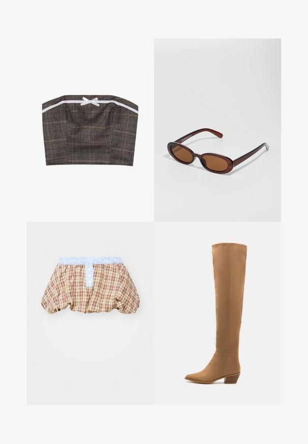 Haut bandeau en tissu à carreaux noir et beige avec un accent en ruban blanc. Design structuré avec un décolleté droit et une texture froncée.; Shorts bouffants à carreaux en marron, beige et rouge avec une ceinture rayée bleu clair et des détails de boutons à l'avant.; Bottes tan jusqu'aux genoux en matériau lisse avec un bout pointu et un petit talon empilé. Conception simple, sans motifs ni accents visibles.; Lunettes de soleil rondes teinte brun avec une monture bordeaux brillante. Branches fines avec un détail de marque subtil. Design de verres plats.