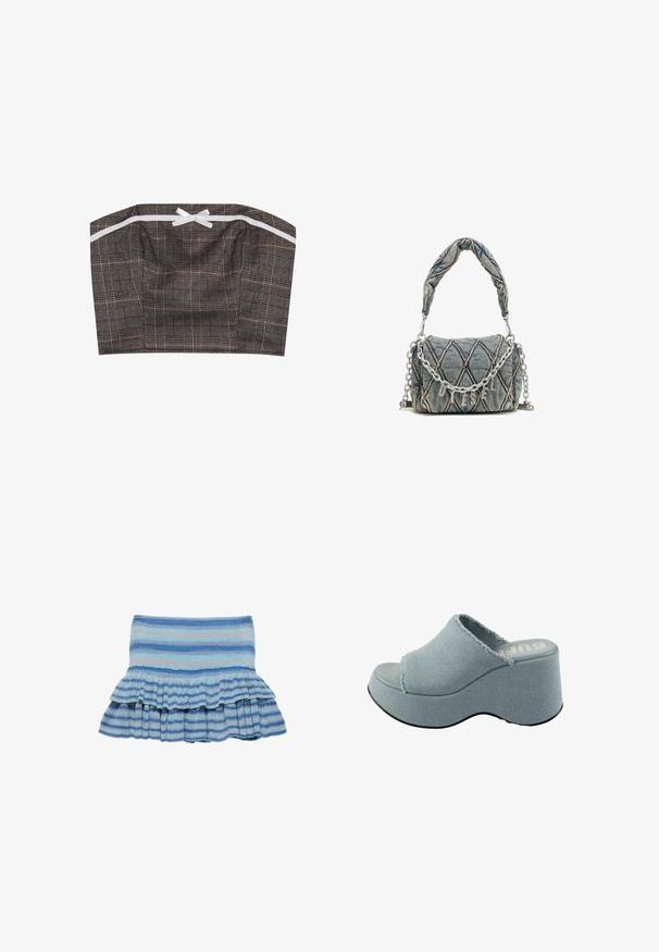 Bandeau top i sort og beige ternet stof med en hvid bånddetalje. Struktureret design med en lige halsudskæring og samlende tekstur.; Blå og lyseblå stribet mininederdel med ribbet tekstur og to lagdelte flæser ved kanten, vist mod hvid baggrund.; Lyseblå platform slide sandal med fransede tekstiloverdel, åben tå design, tyk, rund sål og tekstureret grå ydersål.; Denim håndtaske med quiltet mønster, blå farve, kort flettet håndtag og sølv kædestrop med metallisk brandbogstav detalje.