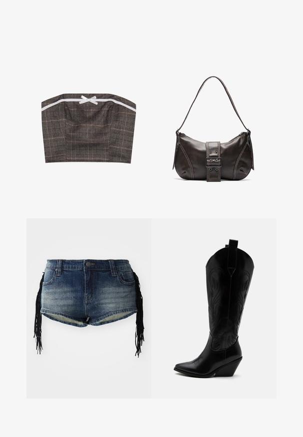 Bandeau-Top aus schwarzem und beigem Karostoff mit einem weißen Satinband. Strukturierte Form mit geradem Ausschnitt und geraffter Textur.; Denim-Shorts in einem verlaufenden blauen Waschung mit ausgefranstem Saum und schwarzen Fransenverzierungen an den Seiten, mit Fronttaschen und einem Bund.; Schwarzer Leder-Cowboystiefel mit spitzer Zehe, schrägem Blockabsatz, dekorativer Naht und Zuglaschen oben vor weißem Hintergrund.; Braune Lederumhängetasche mit gebogener Form, die mit einem auffälligen Schnallendetail, kontrastierenden Nähten und einem einzigen Schulterriemen ausgestattet ist.