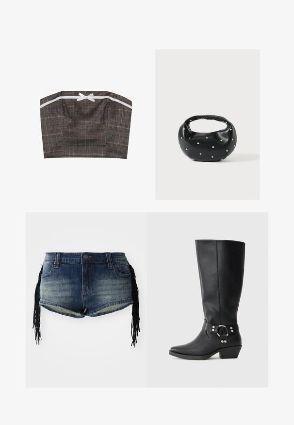 Sinine ja beež kirju kanga ning valge paela aktsendiga bandeau-top. Struktureeritud disain, otsekaelusega ja rimpilise tekstuuriga.; Hallide denim lühikesed püksid gradient sinises pesus, fraktsioneerimisega alumine äär ja mustad äärised külgedel, esi-taskud ja vöökoht.; Mustad musta nahast kuni põlveni ulatuvad saapad terava nina ja dekoratiivse pahkluu rihmaga, millel on hõbedased detailid. Madal, kahlitav konts.; Mustast nahast ümmarguse kujuga käekott, kaunistatud hõbedaste naeladega, lühikese sangaga. Sile tekstuur ja tõmblukuga sulgemine.