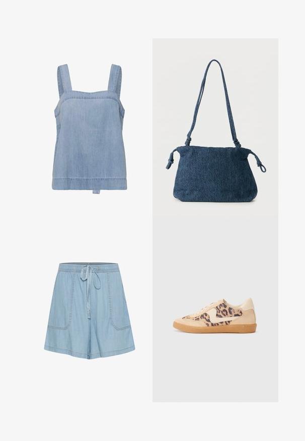 Lichtblauw denim mouwloos topje met brede bandjes, een vierkante halslijn en een klein stoffen lusje aan de voorkant van de zoom.; Lichtblauwe denim shorts met een elastische tailleband, strikdetail, twee zijzakken en gestikte accenten.; Luipaardprint sneakers met een beige suède bovenkant, tan rubberen zool en witte accenten. Ronde neus en vetersluiting met een gestructureerde afwerking.; Donkerblauwe spijkerstof schoudertas met knoopdetails aan de band en een eenvoudig rechthoekig ontwerp tegen een witte achtergrond.