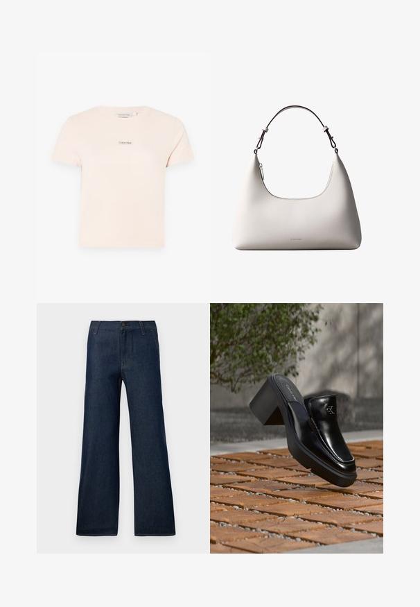 Lys pink bomulds t-shirt med korte ærmer og rund halsudskæring. Har et lille Calvin Klein-logo på brystområdet.; Mørkeblå bukser med brede ben lavet af denim, med et klassisk fem-lommen design, knaplukning og subtile syninger.; Sort læder Calvin Klein slip-on mule med blokhæl, der hviler på trætøj udendørs nær en grøn plante og en grå væg.; Cremefarvet skuldertaske i læder fra Calvin Klein med buet topkant, sølvfarvet lynlås og mørkebrun justerbar rem.