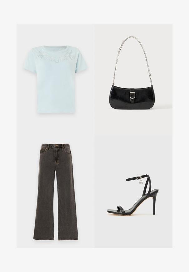Hellblaues Baumwoll-T-Shirt mit kurzen Ärmeln und rundem Ausschnitt, das ein filigranes, weißes, gesticktes Design über der Brust aufweist.; Weite Jeans aus dunkelgrauem Denim. Mit hoher Taille, fünf Taschen und kontrastierenden goldenen Nähten. Dezente Abnutzung sorgt für ein strukturiertes Erscheinungsbild.; Schwarze High-Heel-Sandale mit schmalem Knöchelriemen, quadratischer Zehenbox, glattem Leder und metallischem Schnallenakzent.; Schwarze Schultertasche aus Lackleder mit silberner Schnalle und silbernem Kettenriemen, auf hellem einfarbigen Hintergrund präsentiert.