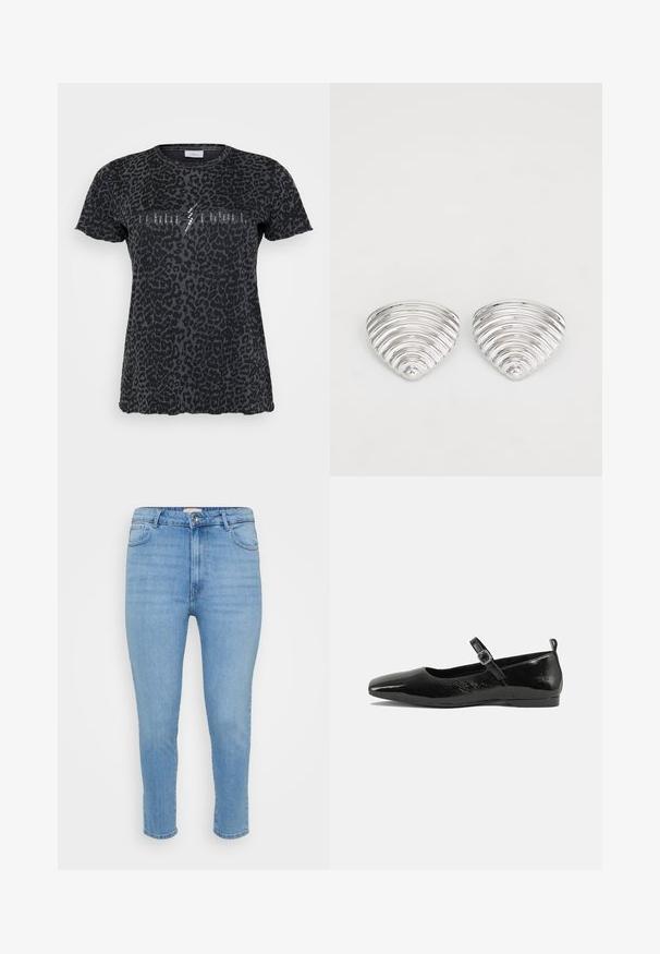 ONLY Carmakoma CARMIKO WASHED SS REG TEE JRS - Tričko s potlačou - phantom; Svetlomodré jeans s vysokým pásom, úzke nohavice, s gombíkom a zipsom, predné a zadné vrecká a dĺžka po členky.; Čierne lakované baleríny s špicatou špičkou, remienkom na členku so sponou a hladkým, lesklým povrchom. Nízky podpätok pre pohodlie.; Strieborné náušnice s vlnitým, textúrovaným dizajnom v tvare prekrývajúcich sa polmesiacov; leštený povrch zvyšuje odrazové vlastnosti.