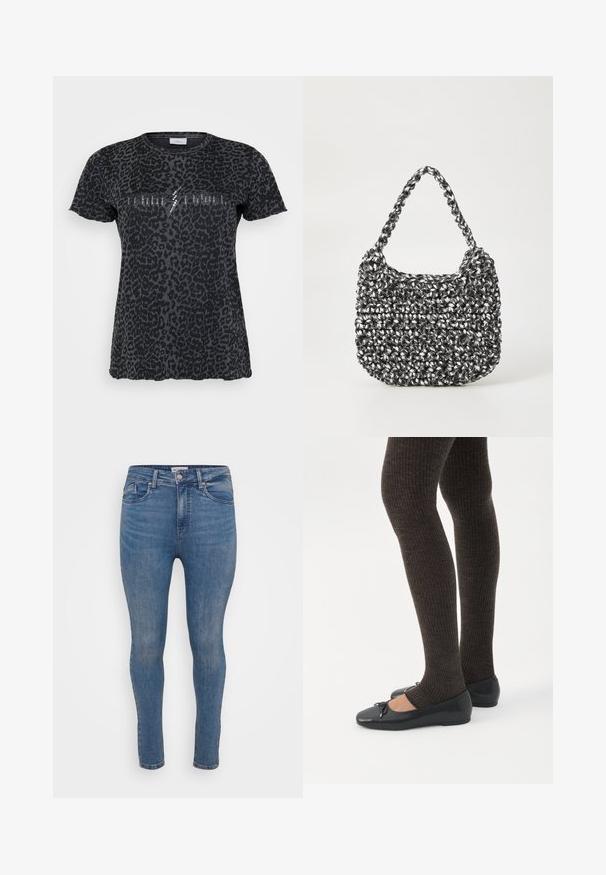 ONLY Carmakoma CARMIKO WASHED SS REG TEE JRS - Trükipildiga T-särk - phantom; Keskmise sinise denimi kitsad teksad, millel on sile tekstuur, viie tasku disain ja tõmblukk. Omavad peent tuhmumist ja tooni järgi õmblemist.; Jalad seljas tumedad soonelises soonelises kombines mustade baleriinadega, millel on väikesed paelade detailid valgel taustal.; Mustri kott musta ja valgega, ümar kuju, tekstureeritud pind ja punutud käepide. Sobib igapäevaseks kasutamiseks.