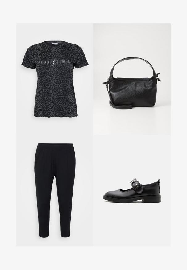 ONLY Carmakoma CARMIKO WASHED SS REG TEE JRS - T-shirt imprimé - phantom; Pantalon noir avec une coupe décontractée, taille élastique et plis discrets. Fabriqué dans un tissu doux, avec des jambes fuselées et sans poches.; Chaussure Mary Jane en cuir noir avec une semelle épaisse, un bout arrondi, une bride à boucle argentée et un languette à l’arrière.; Sac à main en cuir noir au design structuré, avec une poignée arrondie et une bandoulière amovible. Présente une texture lisse et un éclat subtil.
