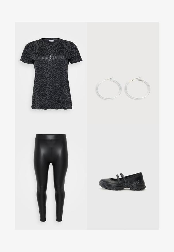 ONLY Carmakoma CARMIKO WASHED SS REG TEE JRS - T-Shirt print - phantom; Schwarze Leggings aus einem glatten, glänzenden Material. Hoher Bund, enganliegendes Design und keine sichtbaren Nähte oder Muster.; Schwarze Leder-Mary-Jane-Schuhe mit zwei verstellbaren Riemen, einer abgerundeten Zehenpartie und einer strukturierten Gummisohle für zusätzlichen Grip.; Paar glänzende silberne Creolen mit dünnen Drahtverschlüssen, dargestellt vor einem hellgrauen Hintergrund.